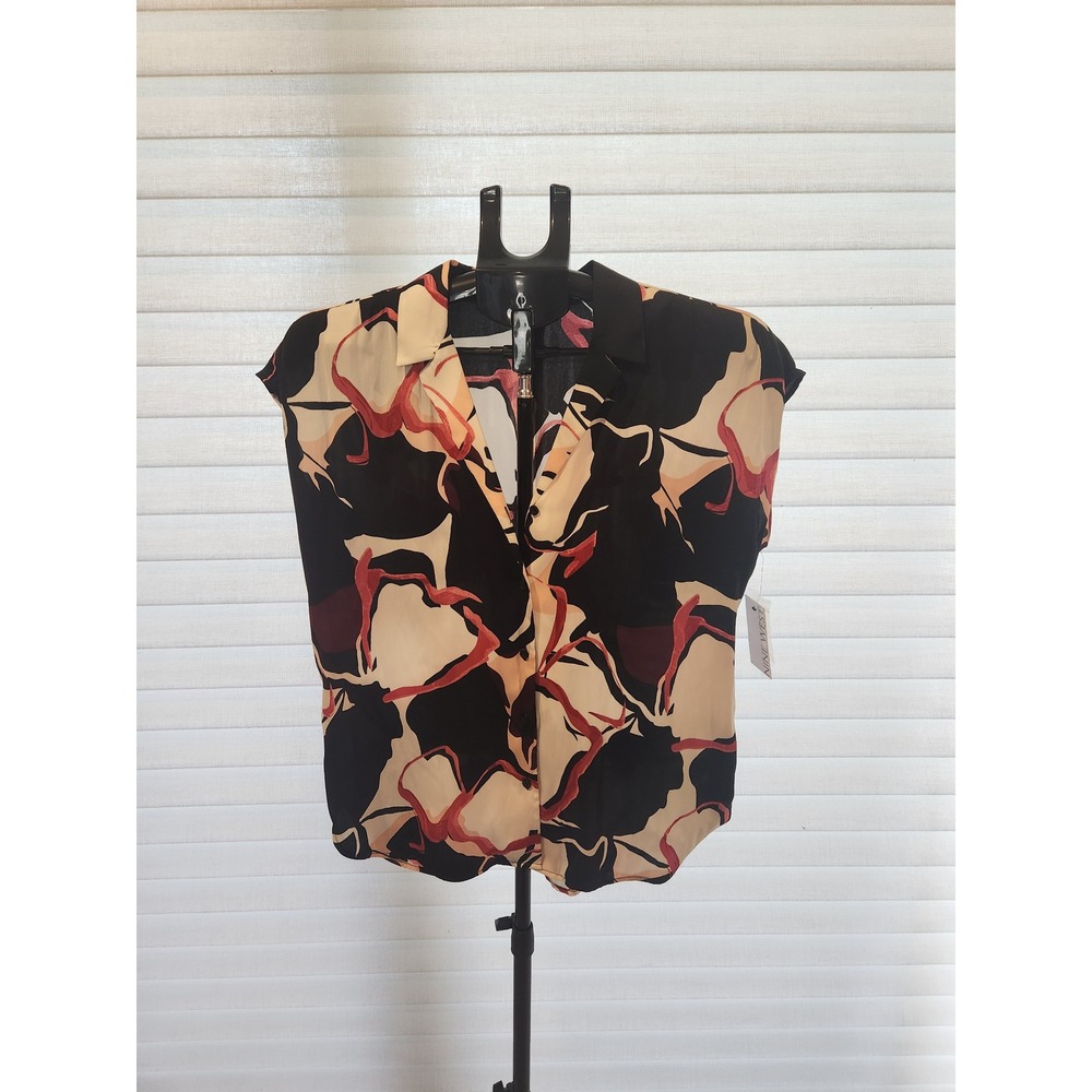 Nine West Womens Small Abstract Floral Sleeveless Button Down Blouse Black Tan
